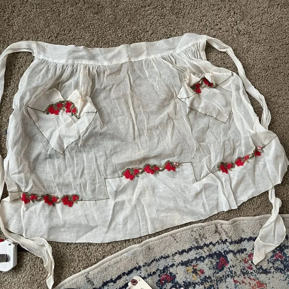 VTG 1950s Sheer Hostess Apron Embroidered Valentine Carmen Lee Cotton